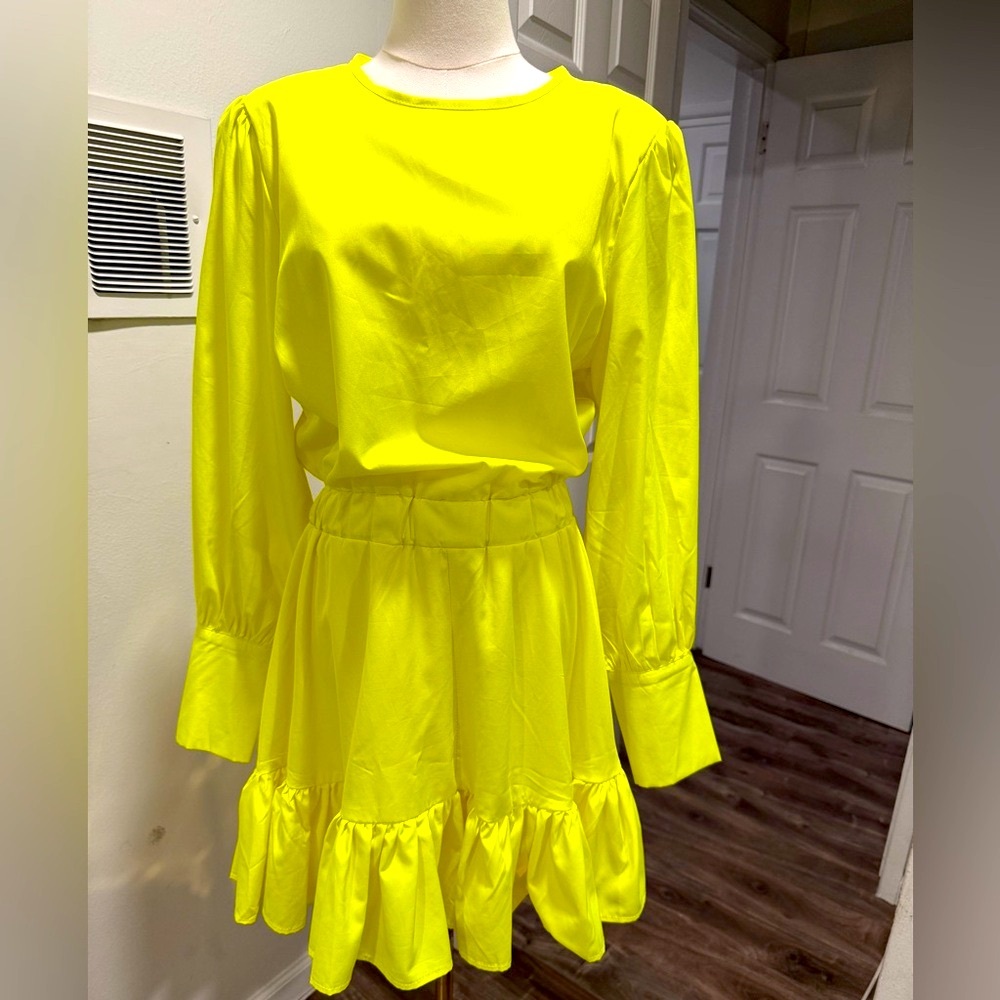 EULAH Neon Yellow Ruffle Hem Dress – Size S